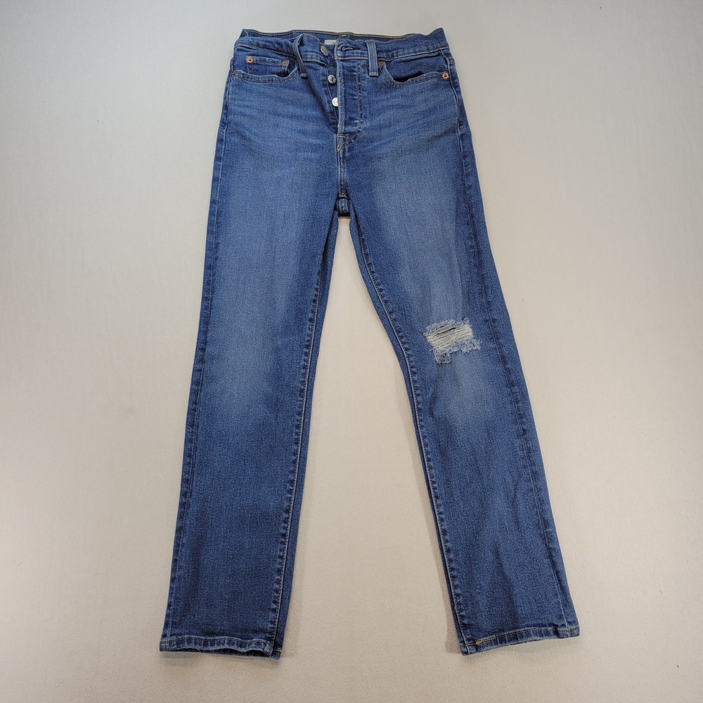 Levi's Wedgie Straight Jeans Womens 27 Blue Ripped High Rise Button Fly Denim